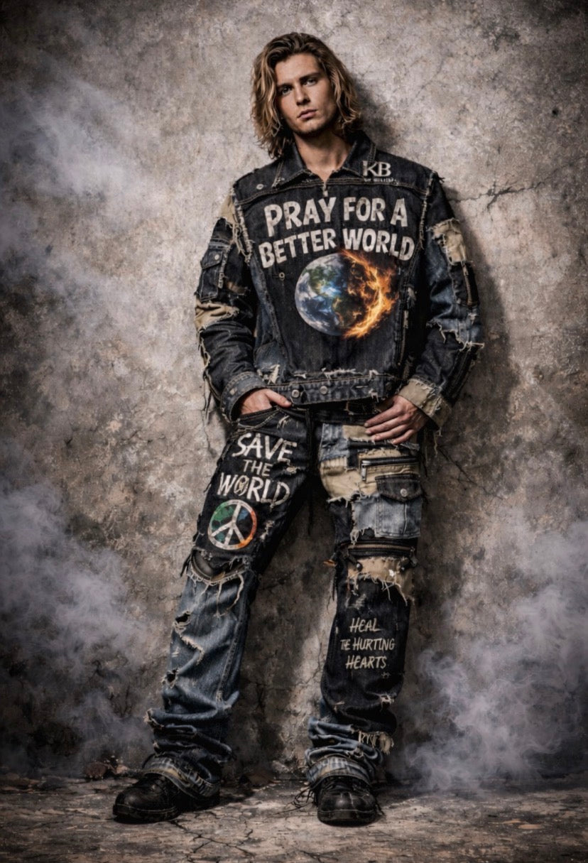 The shift starts within.
“Pray For A Better World” Patchwork Denim Set
By Keyofblessings (KB)