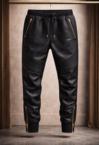 Discipline builds destiny. Luxury Black Leather Moto Joggers with Gold Hardware