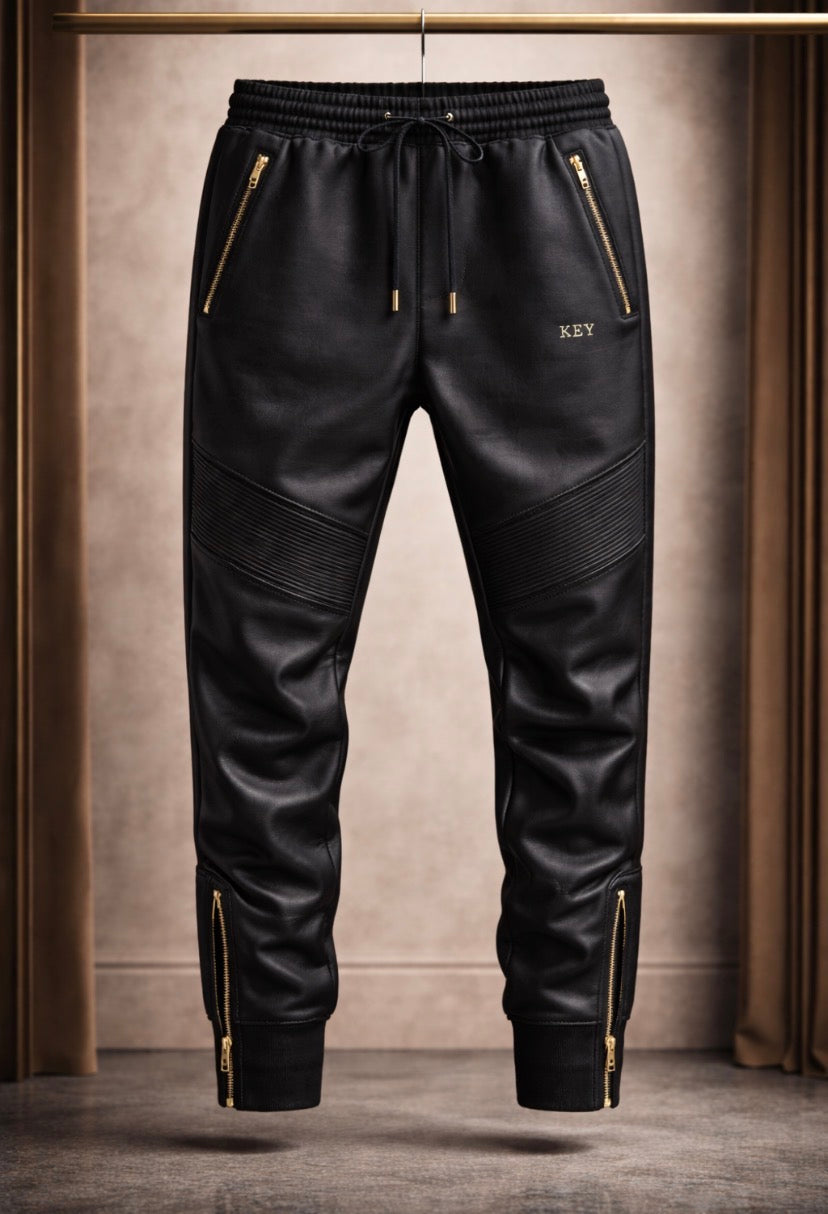 Discipline builds destiny. Luxury Black Leather Moto Joggers with Gold Hardware