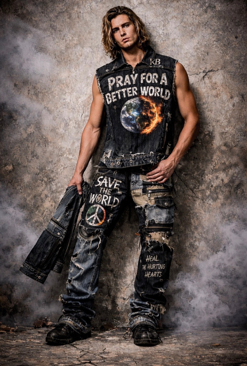 The shift starts within.
“Pray For A Better World” Patchwork Denim Set
By Keyofblessings (KB)