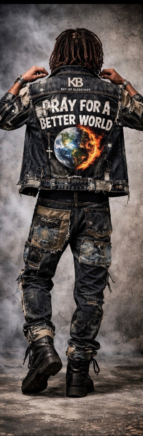 The shift starts within.
“Pray For A Better World” Patchwork Denim Set
By Keyofblessings (KB)