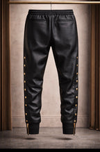 Discipline builds destiny. Luxury Black Leather Moto Joggers with Gold Hardware