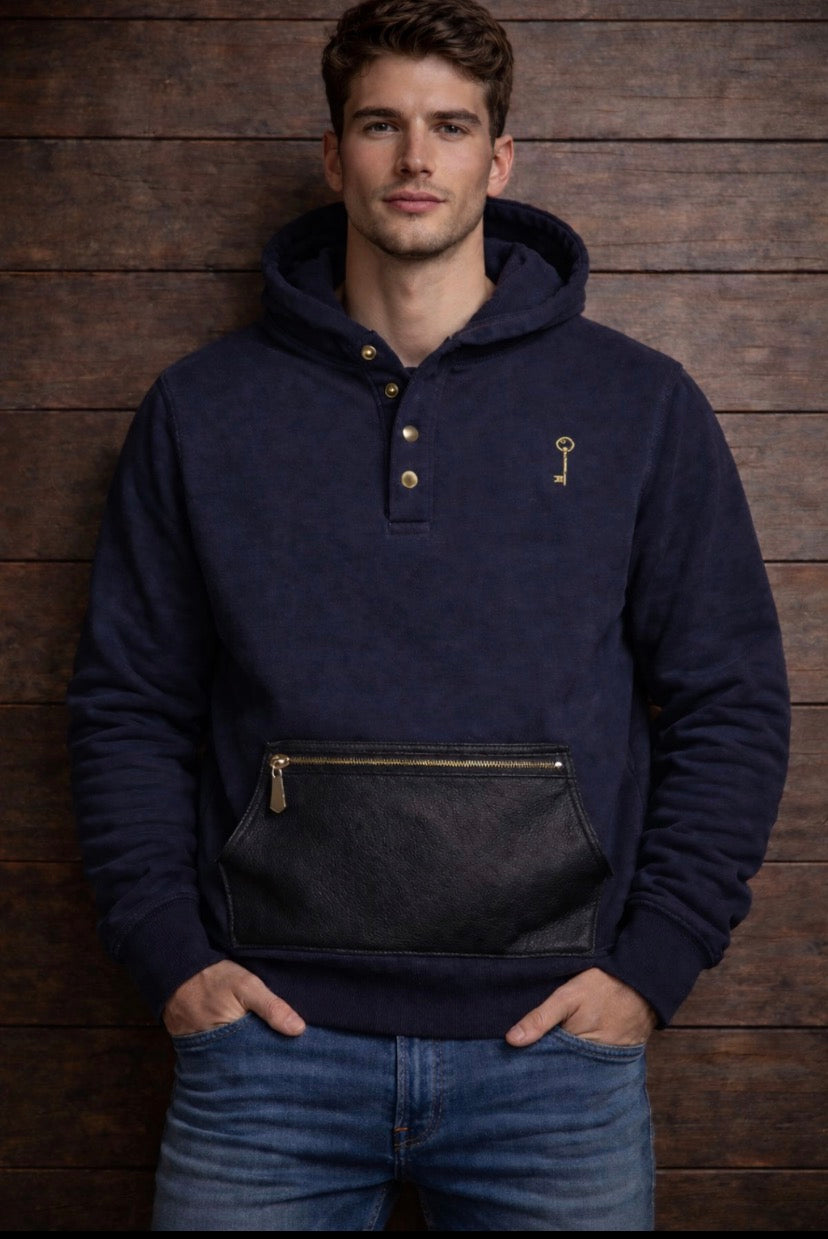 “This isn’t fashion—it’s frequency.” Key of Blessings Royal Intent Hoodie – Leather Pouch Signature Edition