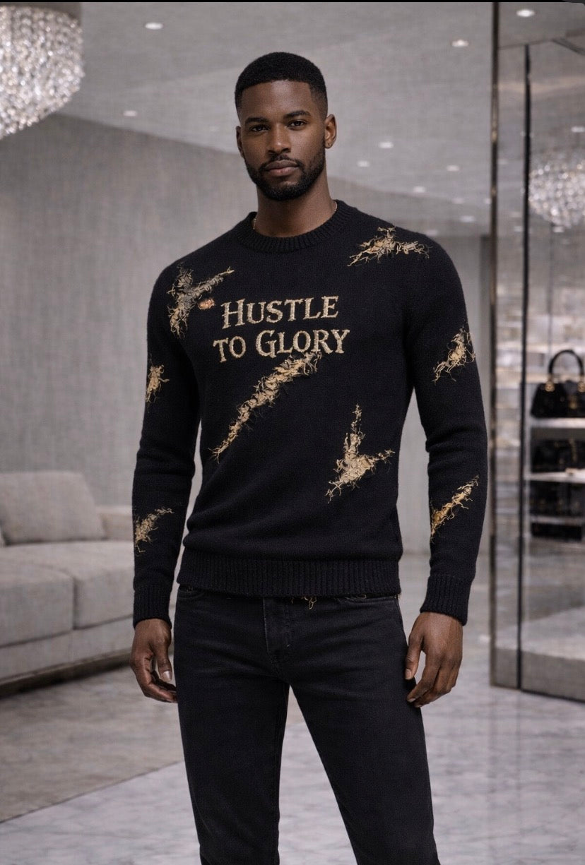 Your life is your signature. Key of Blessings™ “Hustle to Glory” Distressed Knit Sweater Men/Women